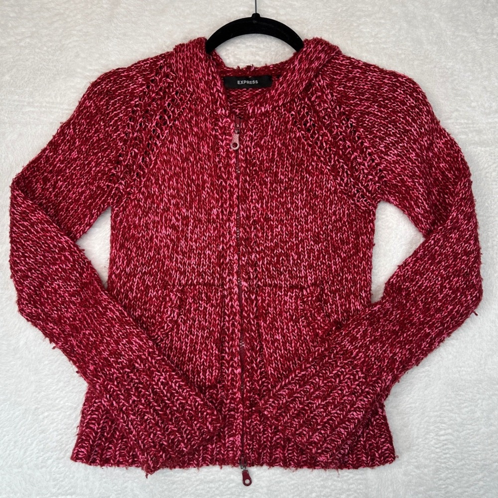 Express Zip Up Hooded Sweater Womens XS Red Pink Chunky Knit Wool Blend